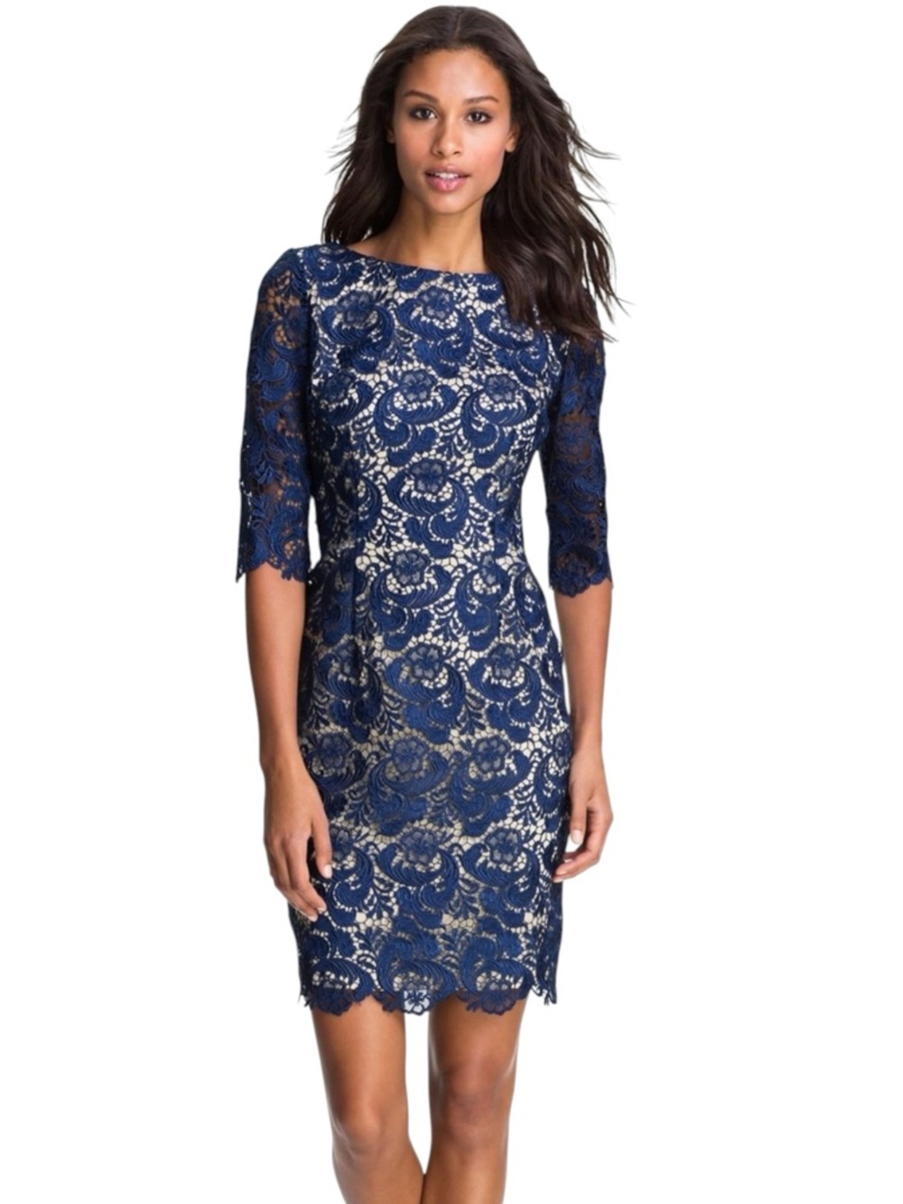 Eliza J. Blue Lace Overlay Scalloped Hem Sheath Dress Size 8